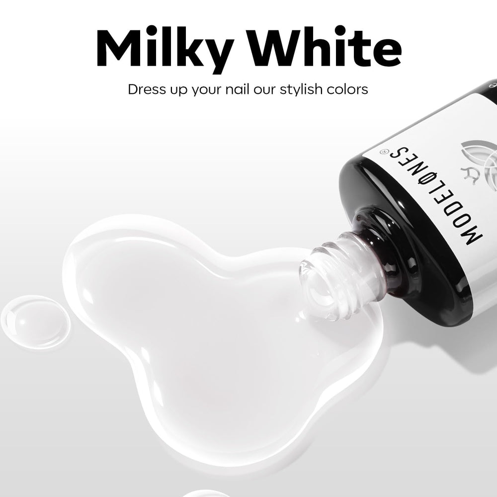 Modelones at-home manicure setup featuring Milky White jelly polish