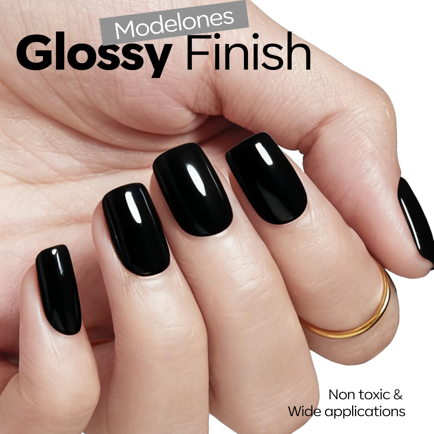 Modelones black gel polish swatch panel showing deep color and shine