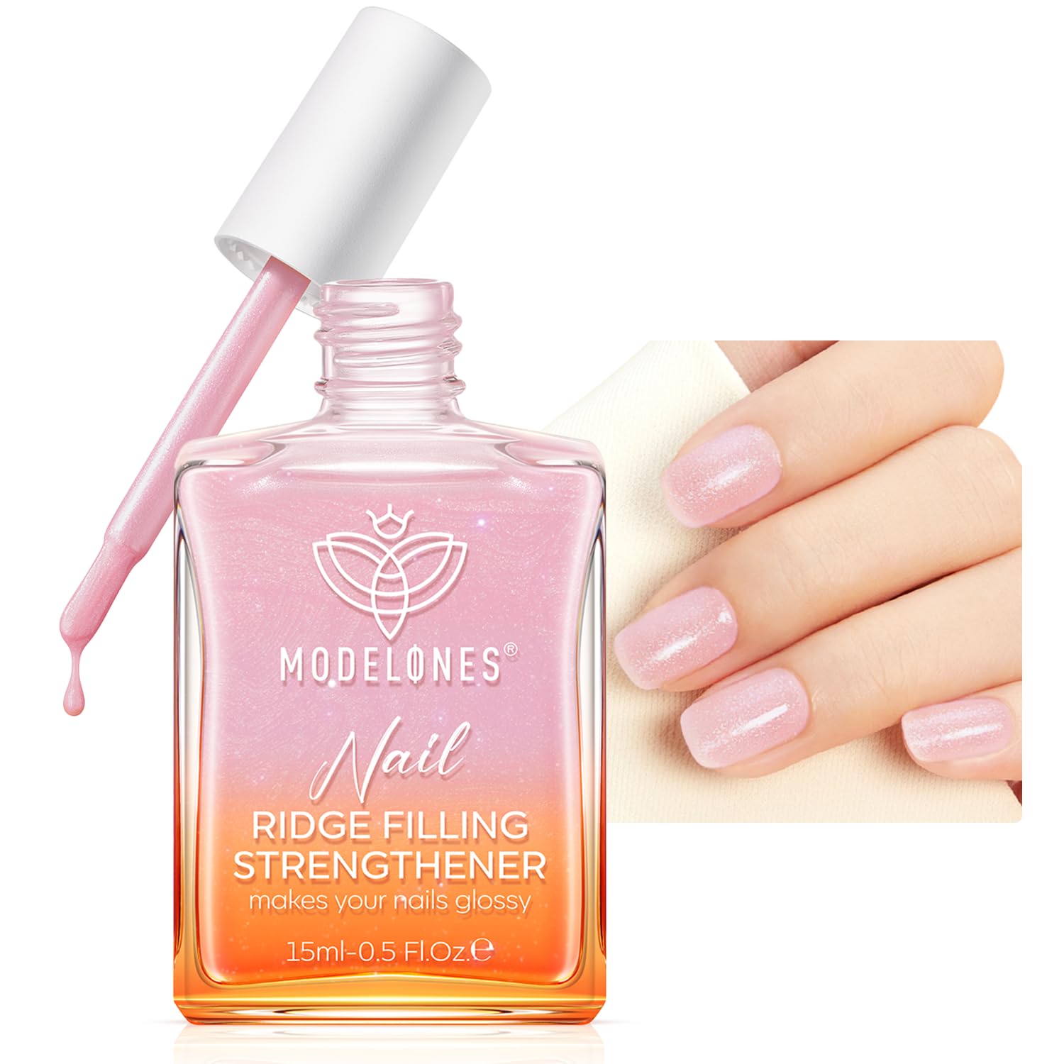 Modelones: botella fortalecedora con brillo rosa para uñas más fuertes.