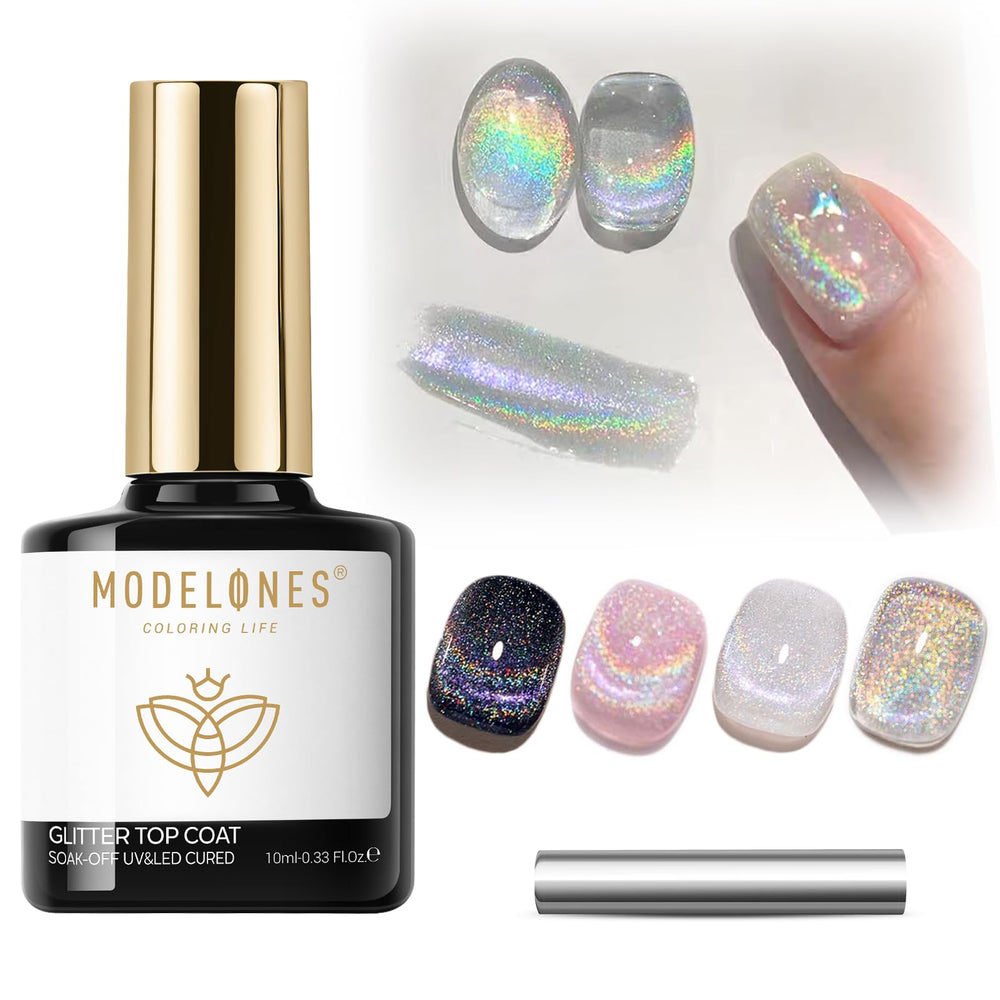 Modelones presenta brillo holográfico 9D con destellos variables en las uñas.