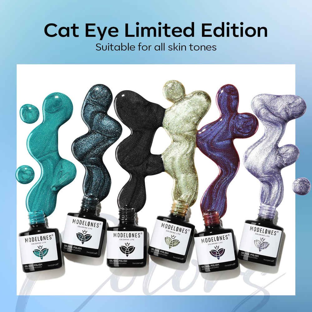 Modelones brillo holográfico cat-eye eleva el look diario.