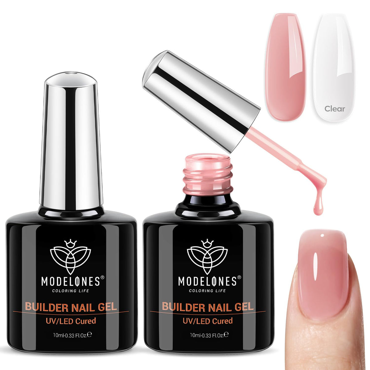 Modelones Builder Gel transparente, envase de 10 ml, base y fortalecimiento.