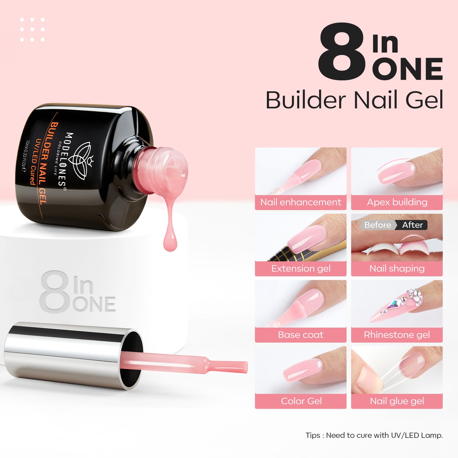 Modelones Builder Gel rosa nude, envase de 10 ml, ideal para construcción de forma.