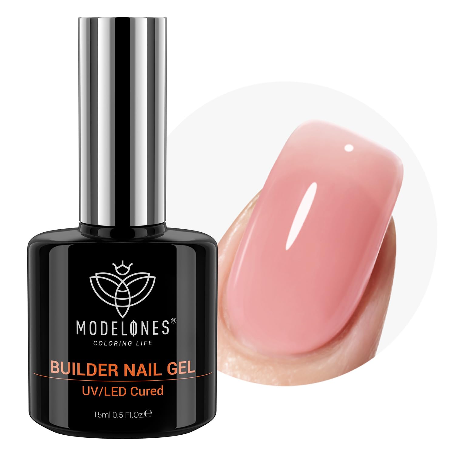Modelones Builder Nail Gel in peachy jelly pink offers a smooth base for length and natural shine.