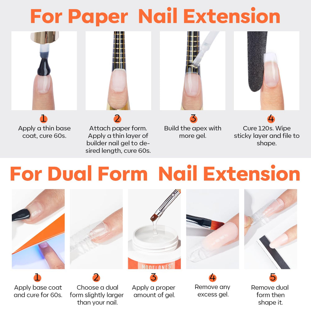 Modelones Builder Nail Gel auto-nivelante para acabado perfecto sin marcas.