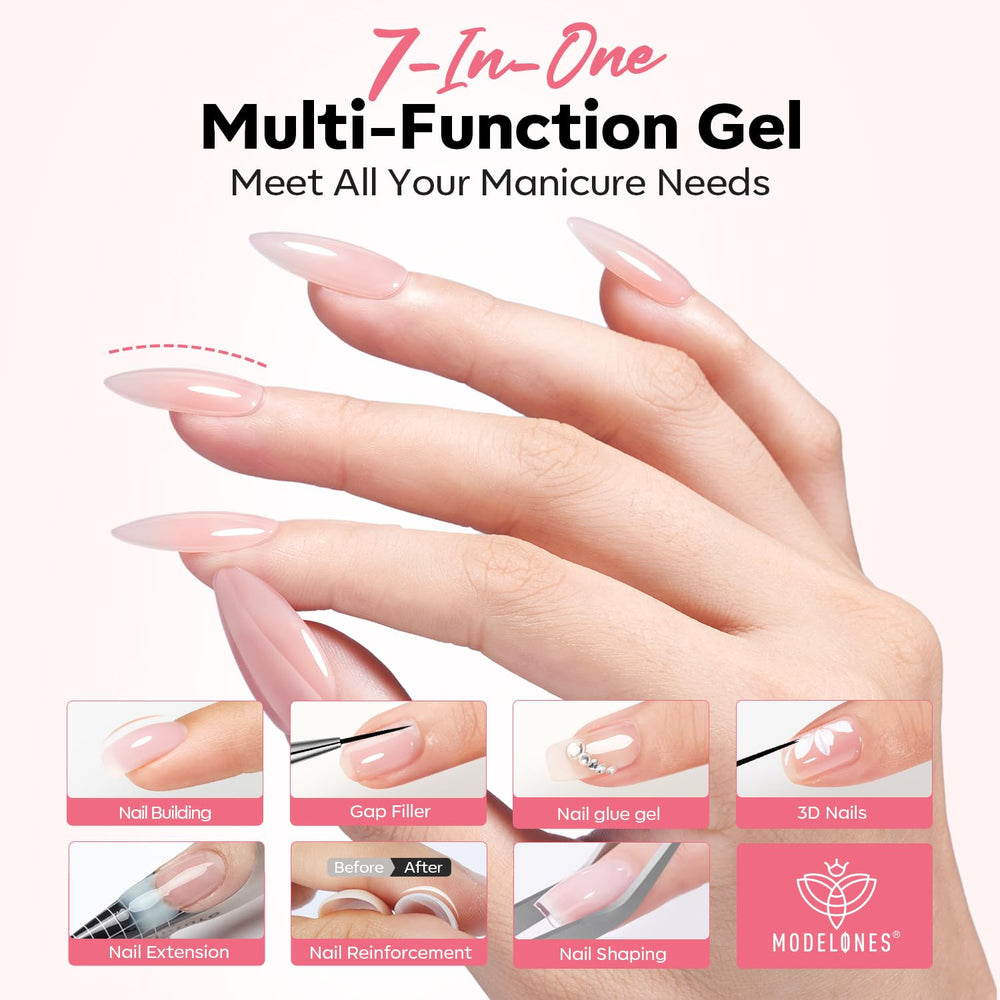 Modelones Builder Nail Gel se cura rápidamente bajo lámpara LED para un secado eficiente.