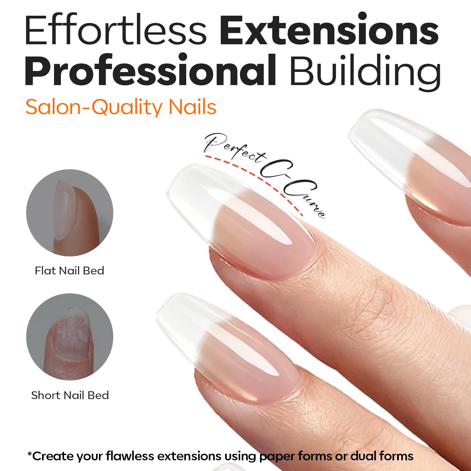 Modelones Builder Nail Gel curado con LED, brillo cristalino y adherencia confiable.