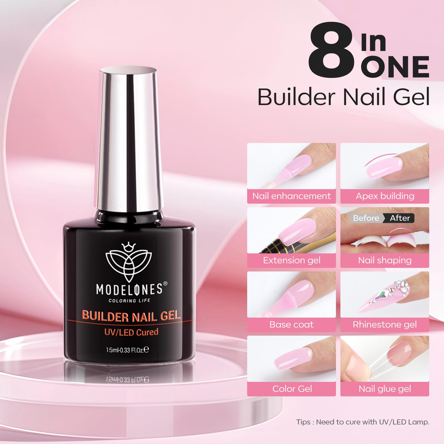 Modelones Builder Nail Gel: curado con luz para un acabado duradero.