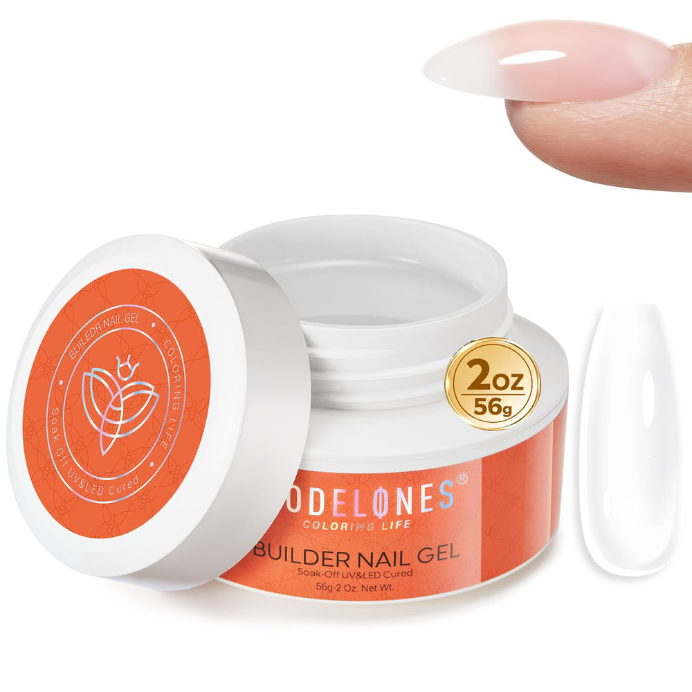 Modelones Builder Nail Gel envase cristal, acabado claro para extensiones duraderas.