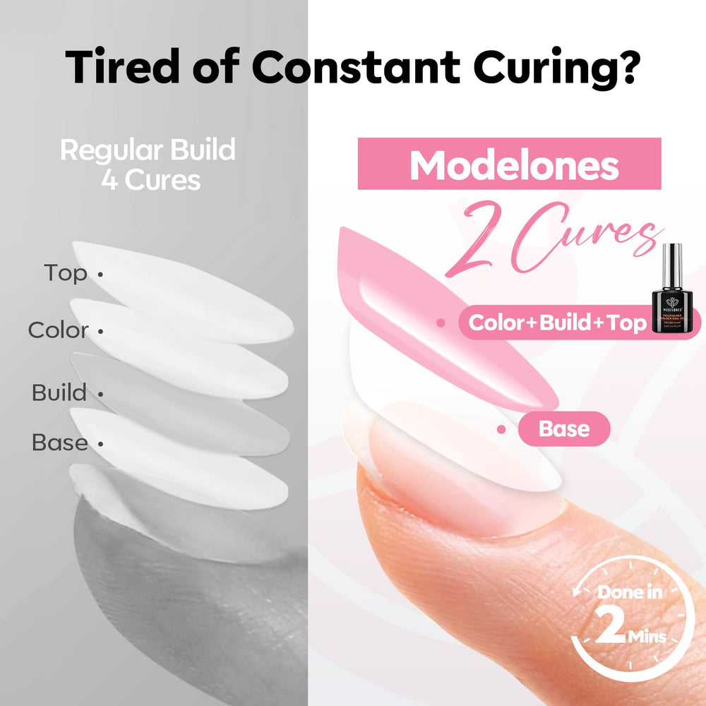 Modelones Builder Nail Gel pink application swirl demonstrating self-leveling for a smooth, even coat.