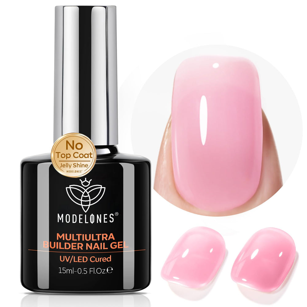 Modelones Builder Nail Gel pink bottle close-up for glossy, long-lasting color.