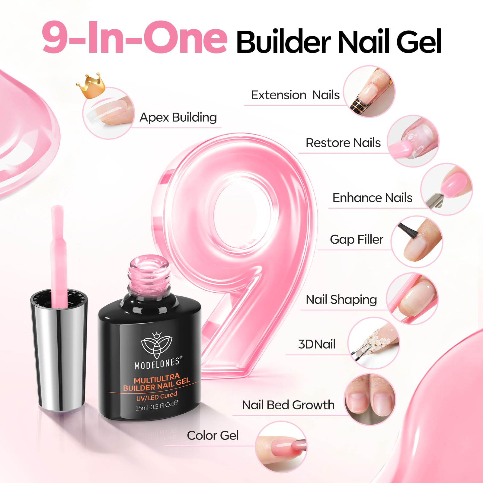 Modelones Builder Nail Gel pink LED curing scene showing quick 60-90 second dry.