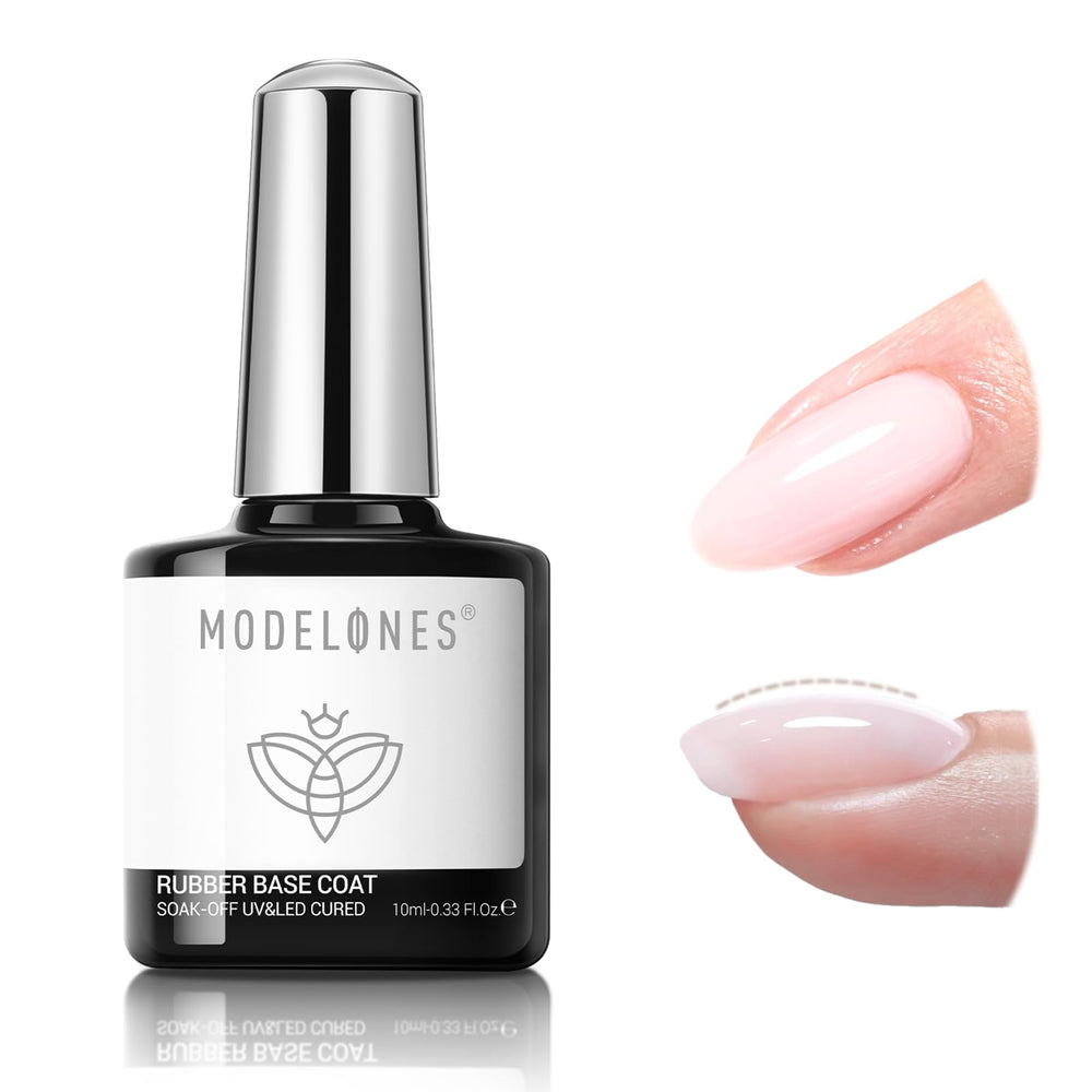 Modelones Builder Rubber Base Gel light pink bottle shows 6‑in‑1 base coat benefits