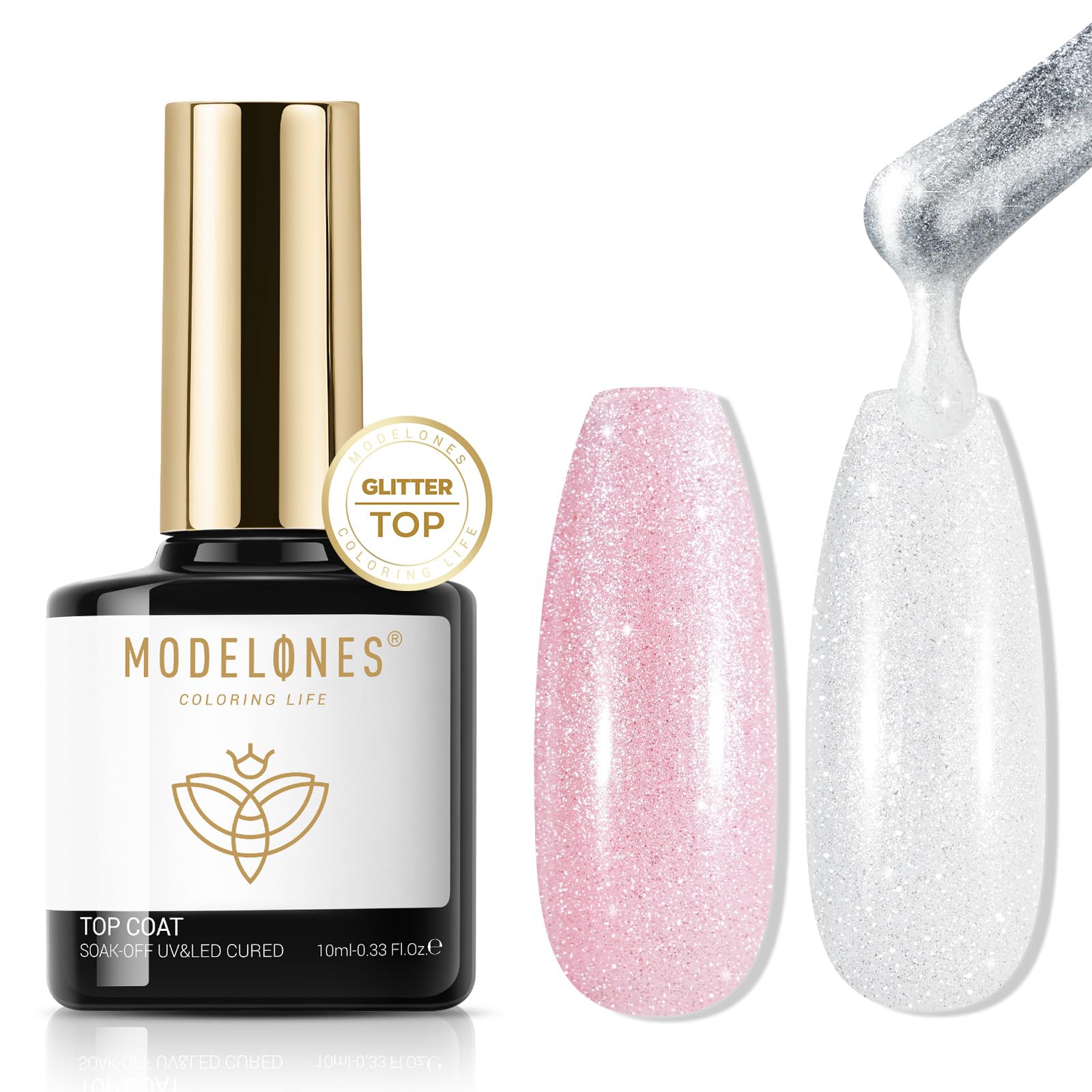 Modelones capa superior Glitter Aurora: destellos perla para realzar la manicura.