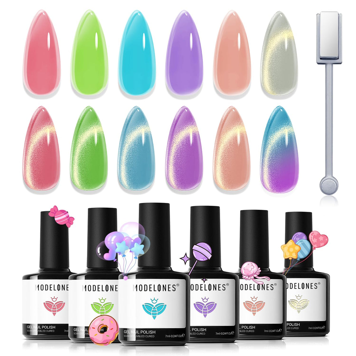 Modelones Cat Eye Gel Nail Polish Kit with 6 jelly colors for vibrant manicure ideas.