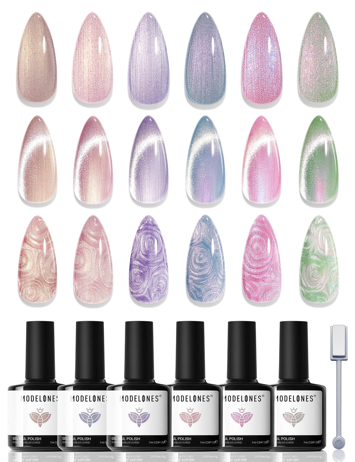 Modelones Cat Eye gel nail polish set muestra el efecto cat eye con imán para brillo tridimensional.