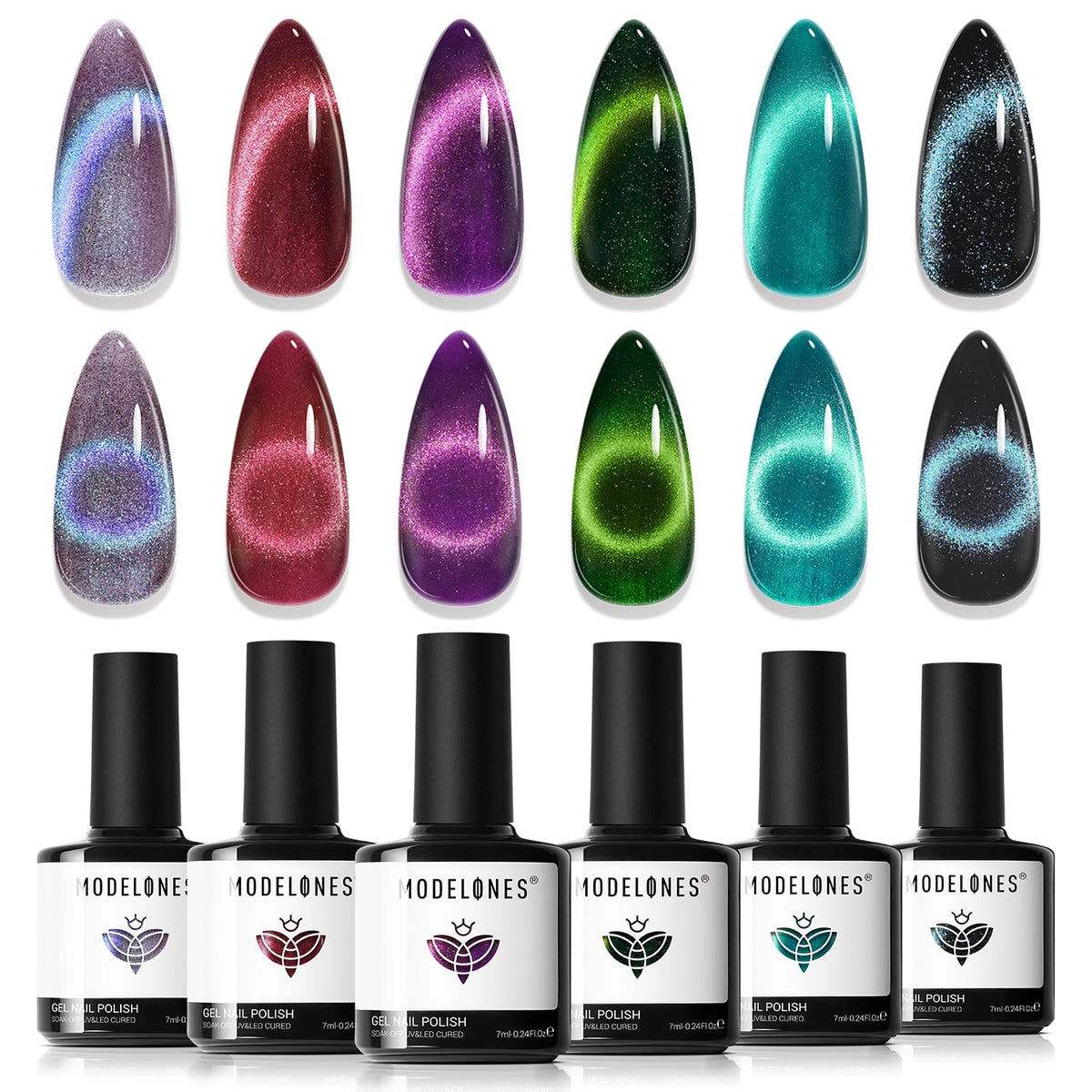 Modelones cat eye gel polish set showcases six colors for versatile, long-lasting, eye-catching nails.