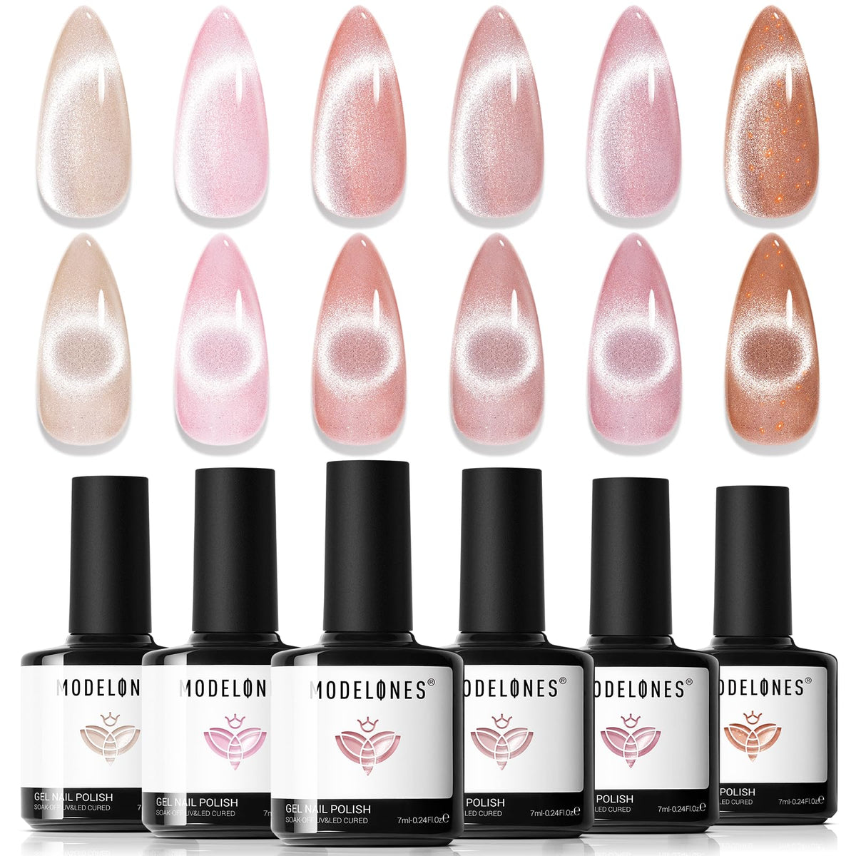 Modelones cat eye gel polish swatches display six nude tones for everyday wear.