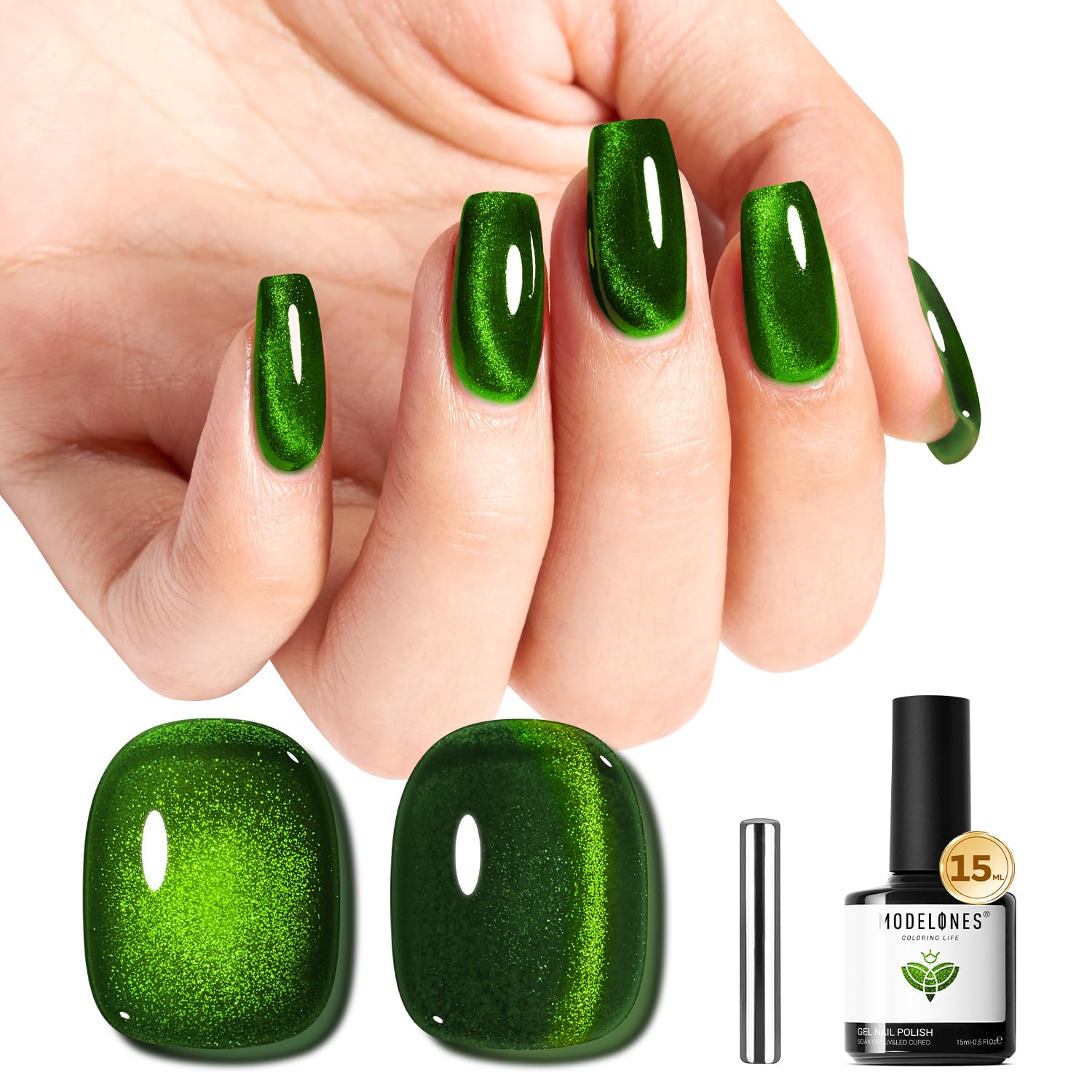 Modelones Cat Eye Gel Polish with magnet creating green cat-eye shimmer.