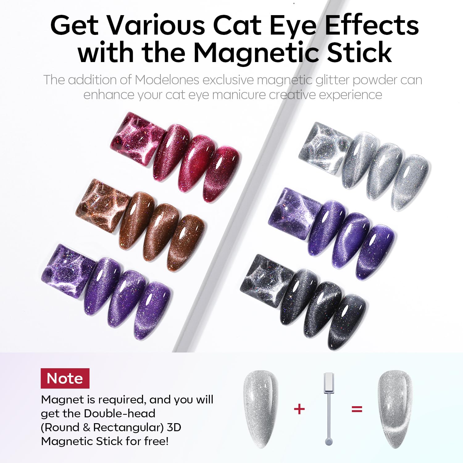 Modelones cat-eye glassy polish swatches show shimmering color shifts.