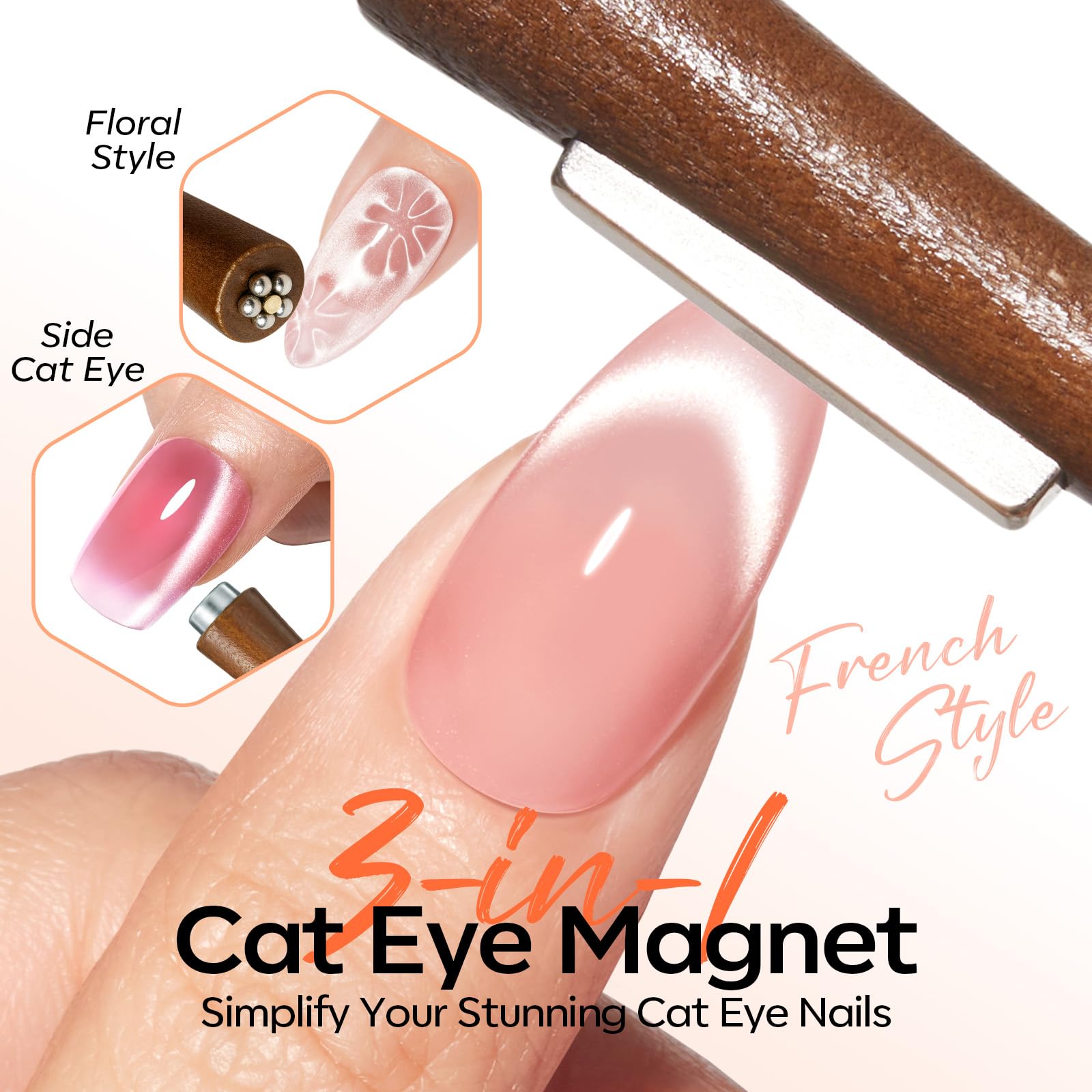 Modelones imán ojo de gato con cabeza cuadrada doble para estilos versátiles.