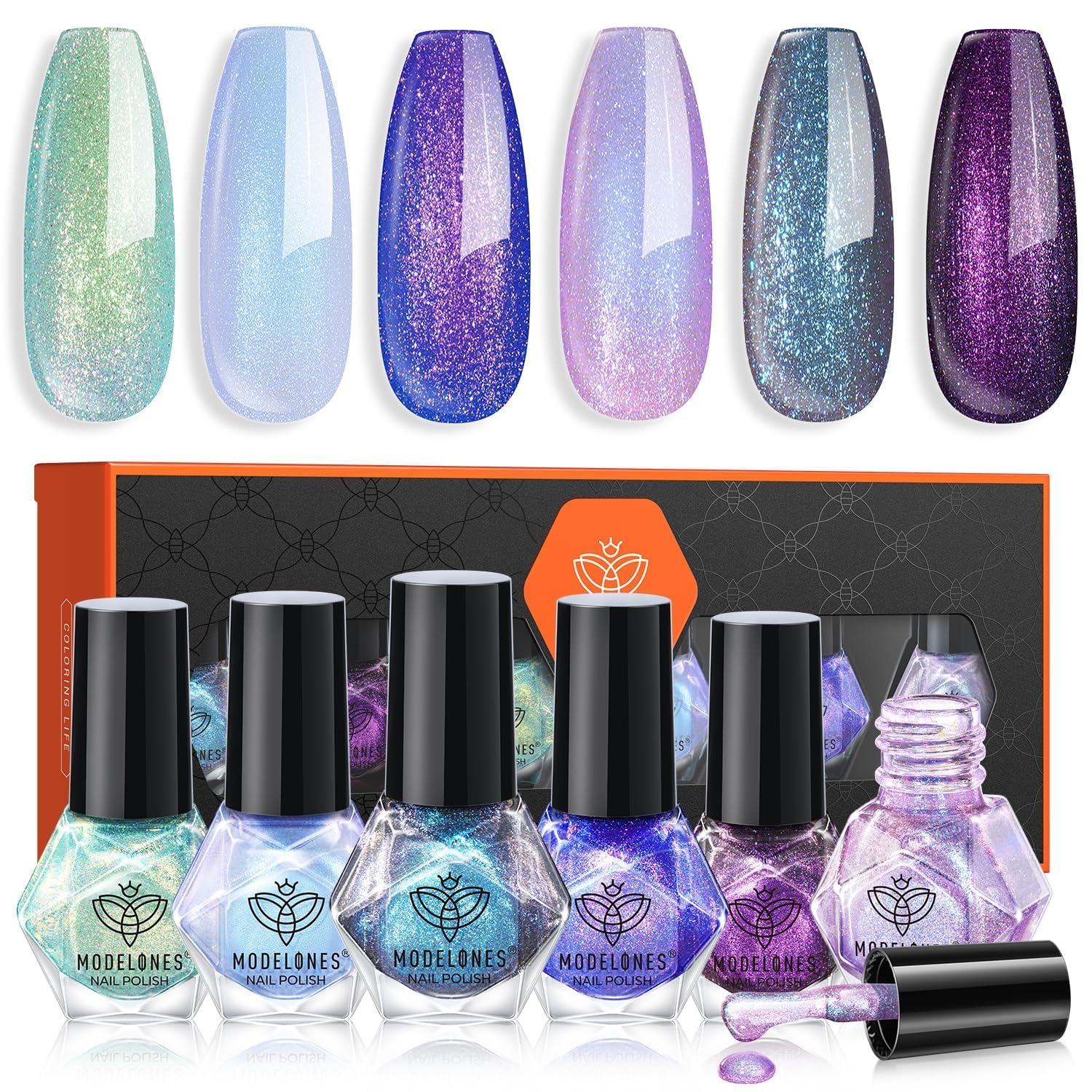 Modelones: set de 6 esmaltes para uñas con acabado holográfico.