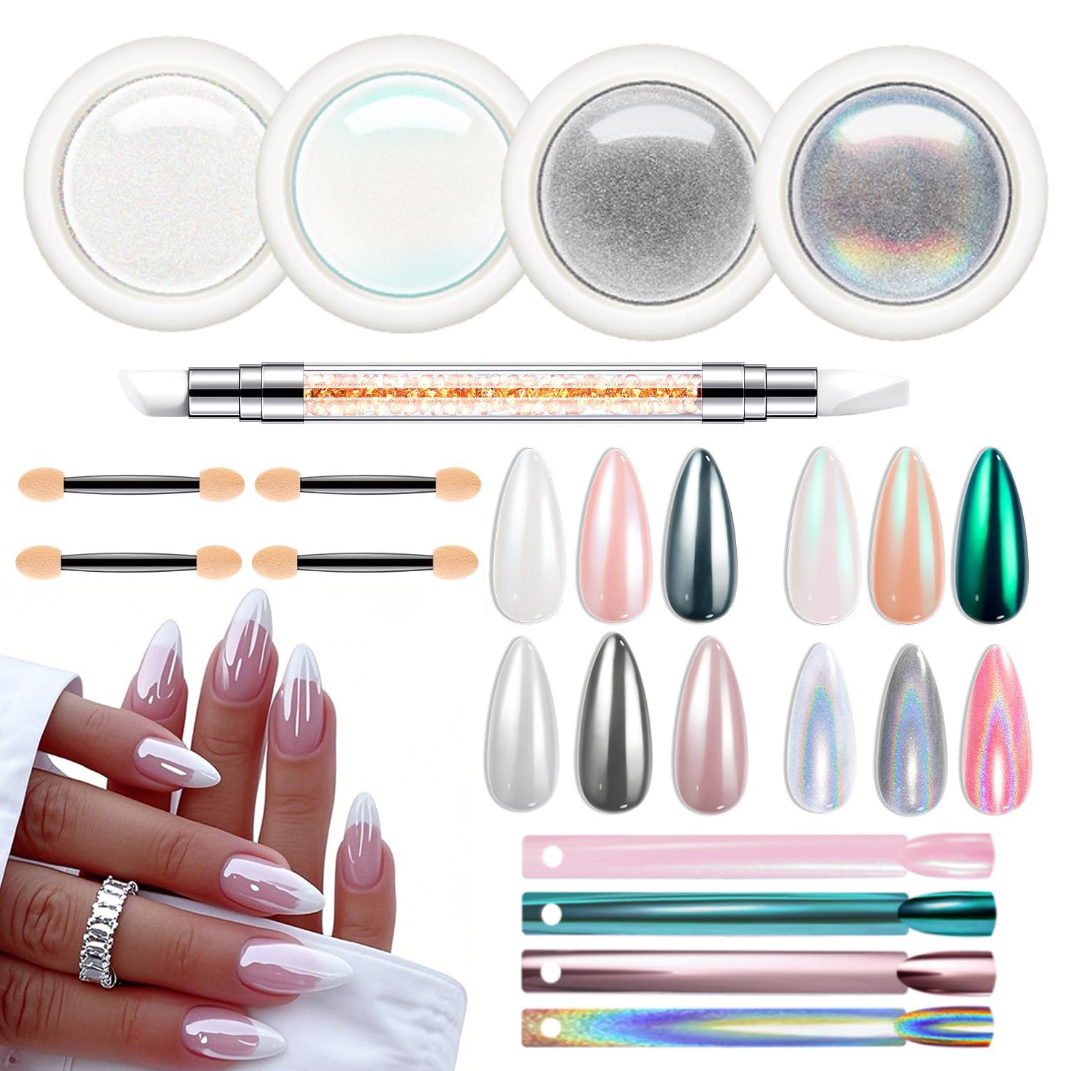 Modelones laser silver chrome powder jar for a high-shine finish.
