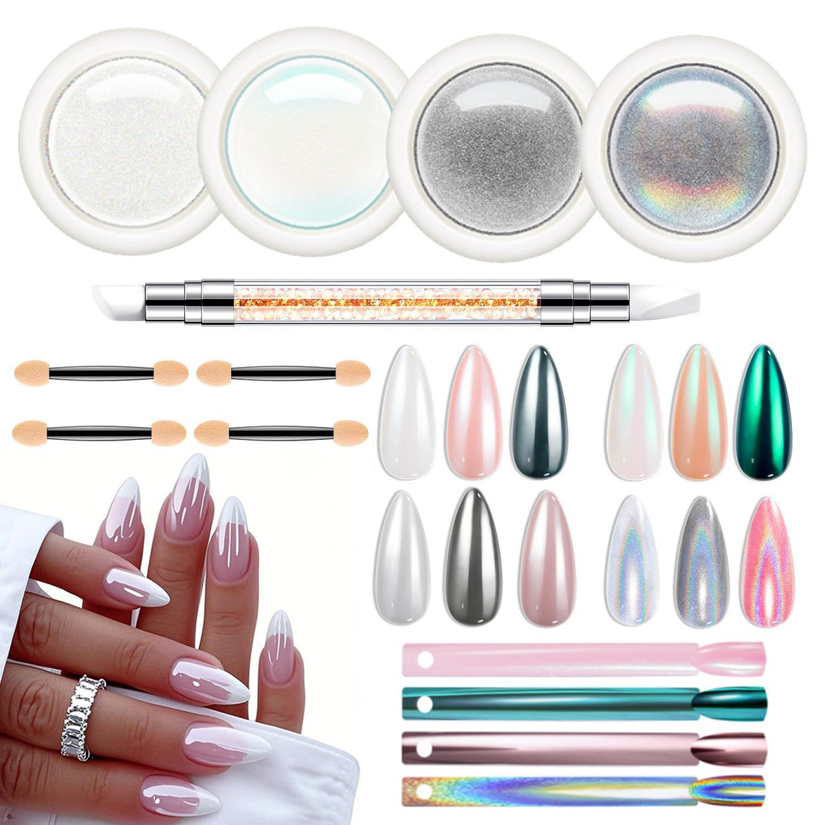 Modelones laser silver chrome powder jar for a high-shine finish.
