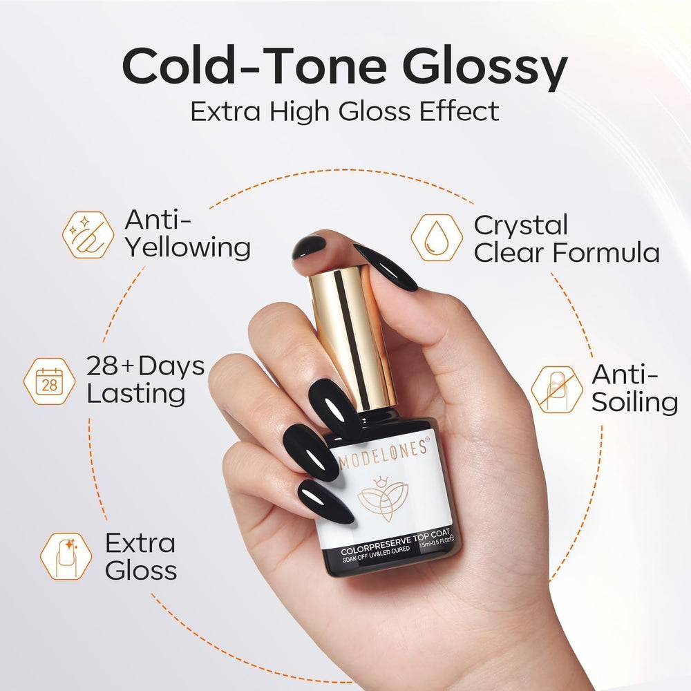 Modelones Clear top coat color-preserve finish highlights true color while shielding nails.