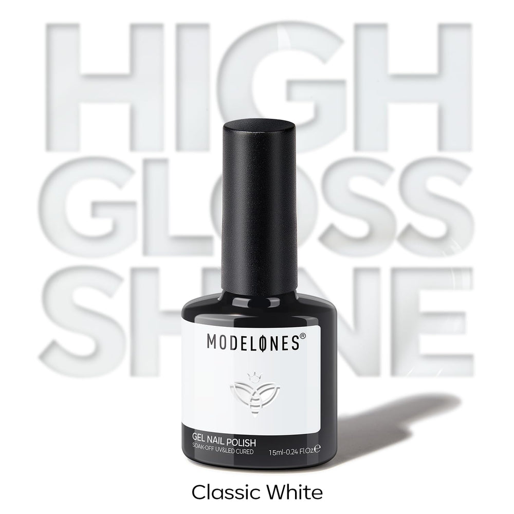 Modelones white gel polish enables crisp white nail art looks.