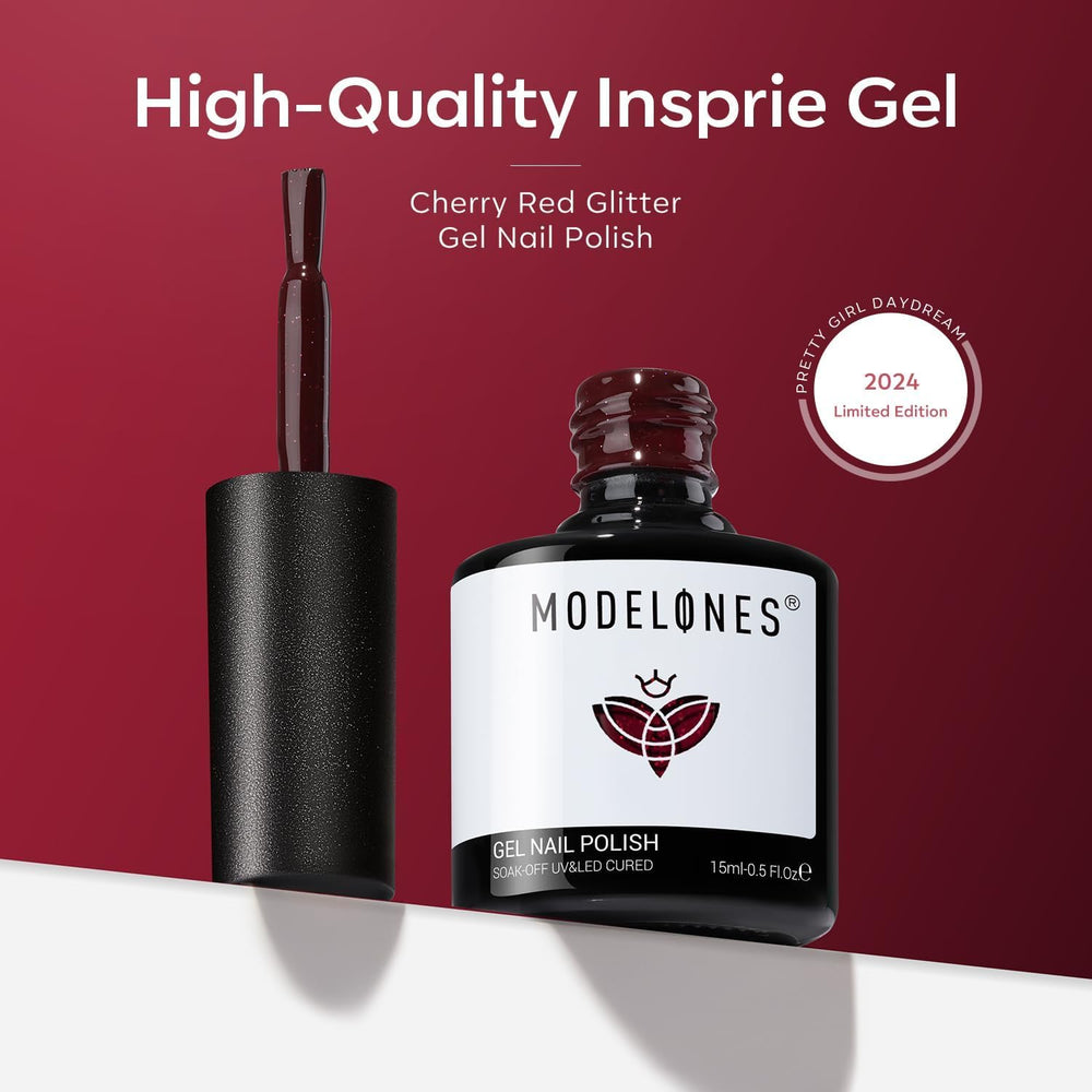 Modelones dark red micro holo glitter detail for premium look.