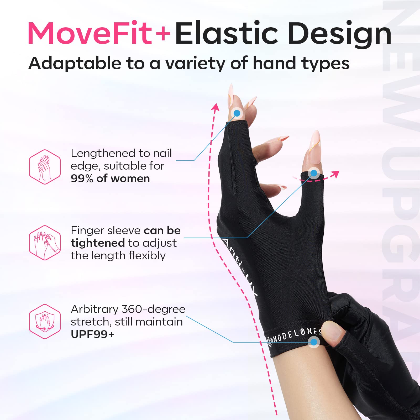Modelones guantes UV con dedos plegables para ajuste cómodo.