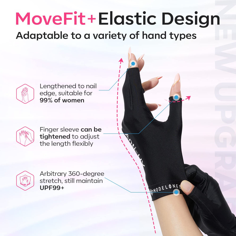 Modelones guantes UV con dedos plegables para ajuste cómodo.