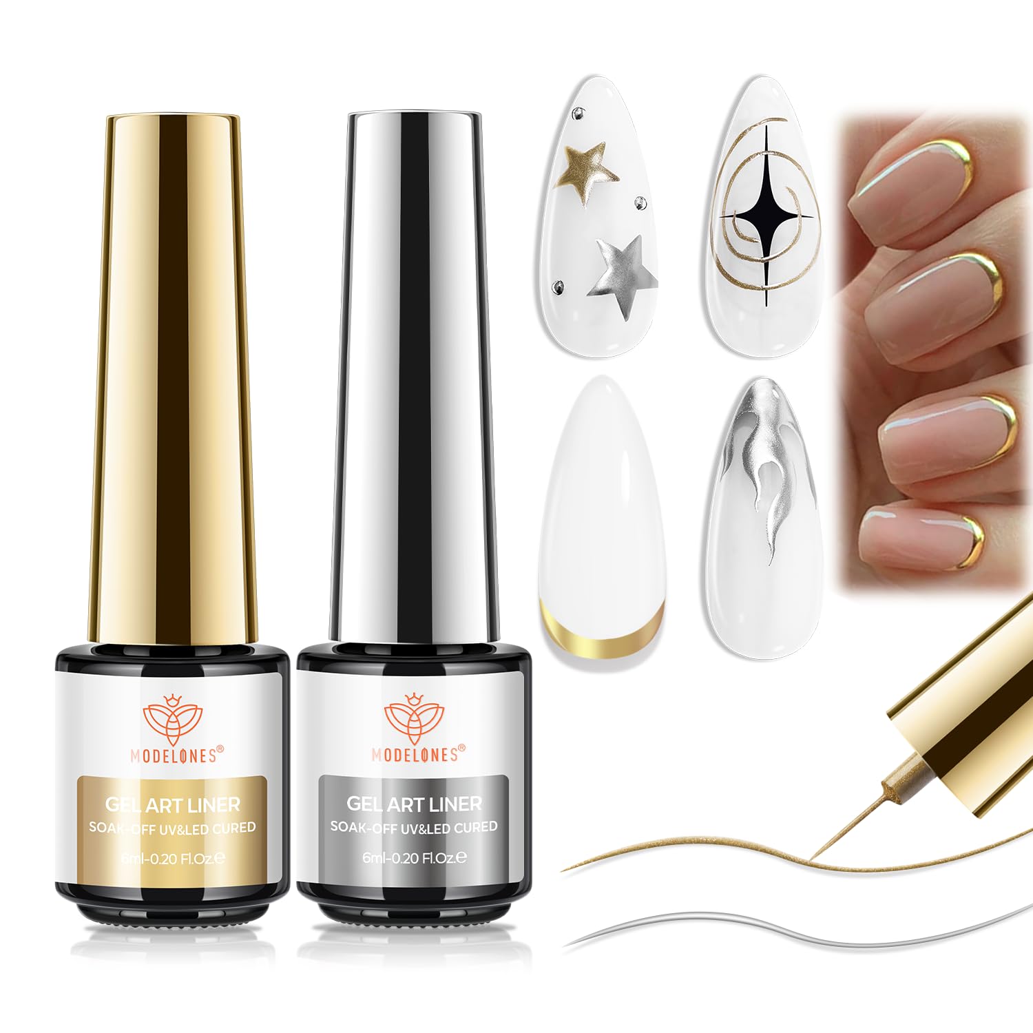 Modelones delineador metálico en oro y plata con brocha precisa para líneas finas.