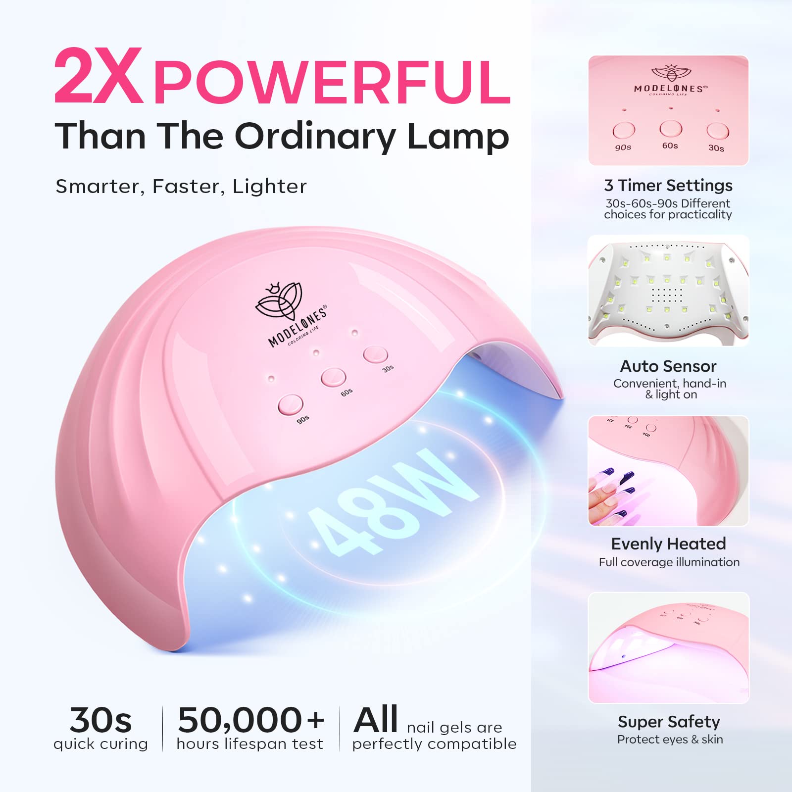 Modelones nail lamp digital timer display for customizable cure sessions.