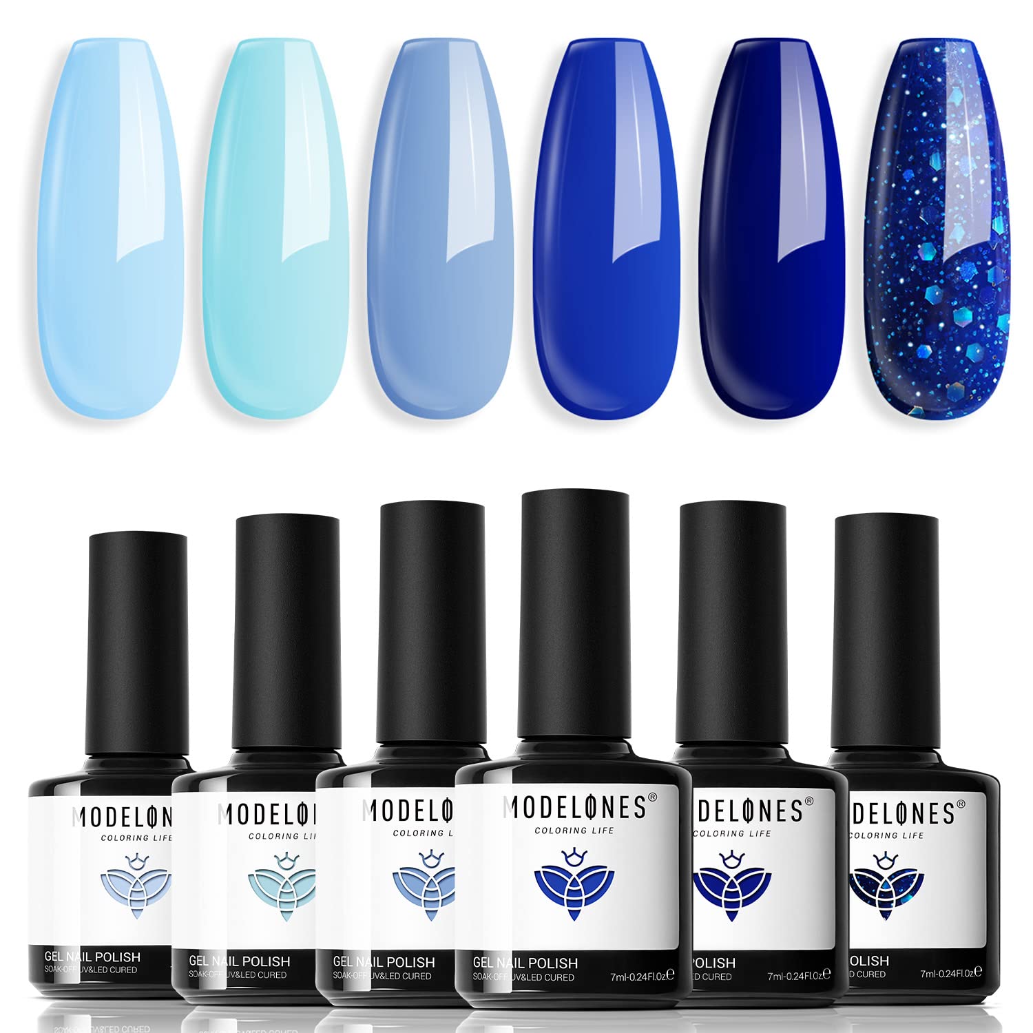 Modelones gel azul, paleta de colores para estilos llamativos.