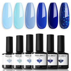 Modelones gel azul, paleta de colores para estilos llamativos.