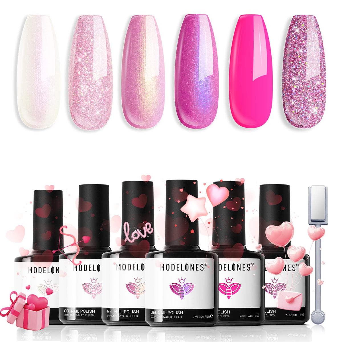 Modelones esmalte gel brillo rosa, colección de 6 colores para uñas brillantes.