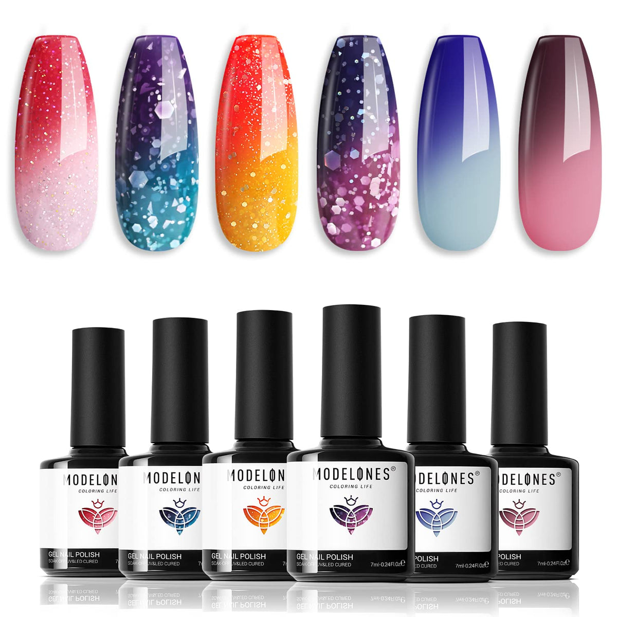 Modelones esmalte gel cambio de temperatura con seis colores, brillo duradero.