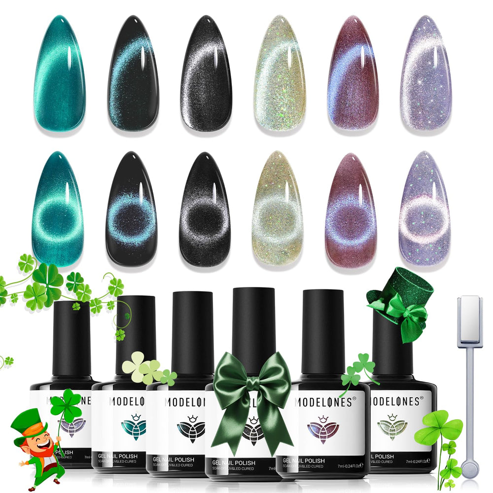 Modelones esmalte gel cat-eye con 6 colores imantados para crear efectos en casa.