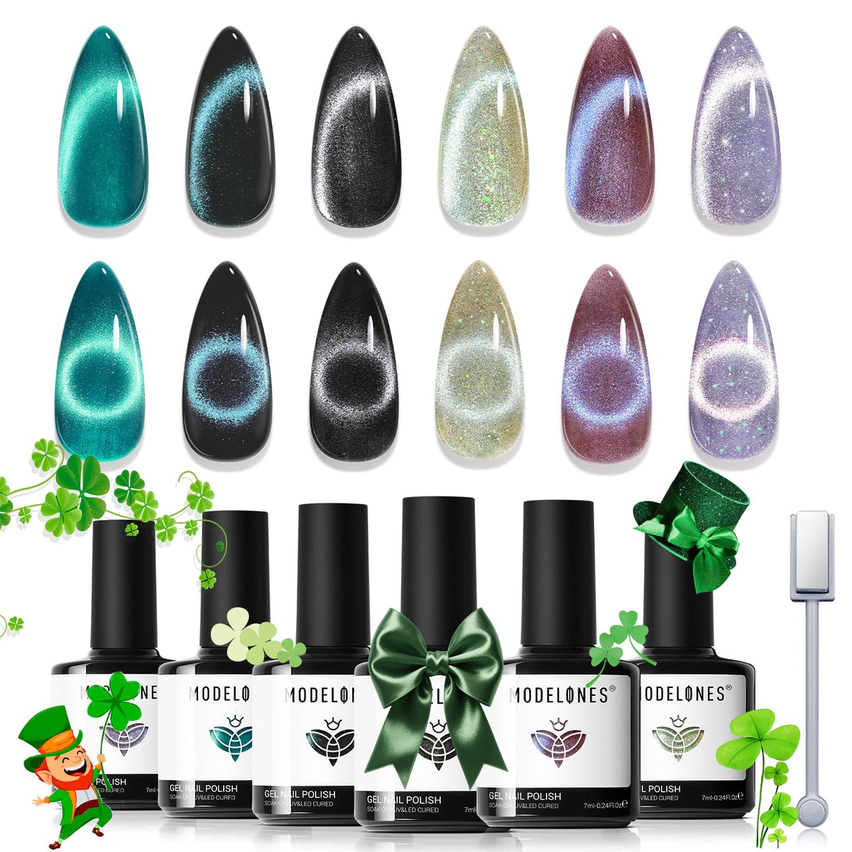 Modelones esmalte gel cat-eye con 6 colores imantados para crear efectos en casa.