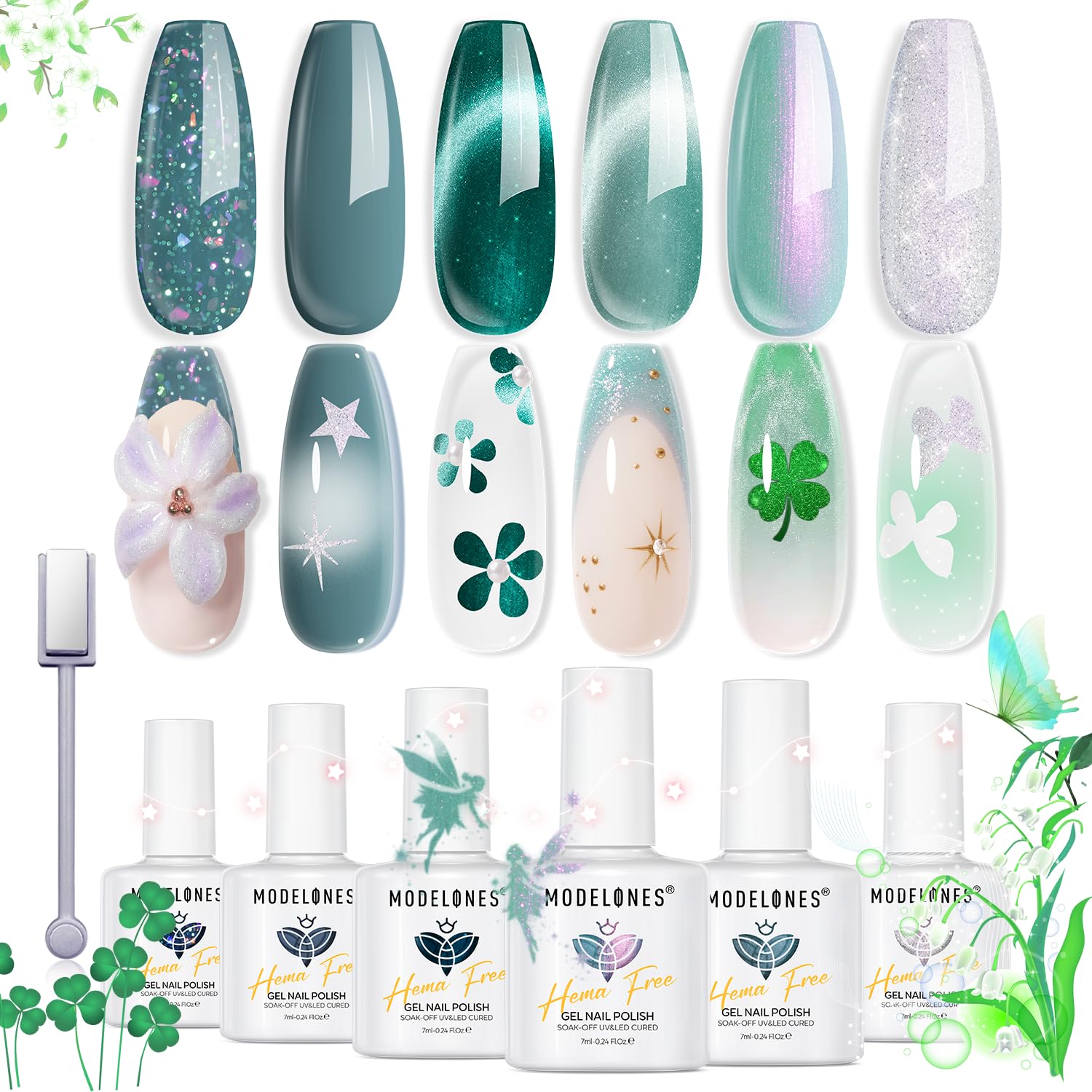 Modelones Cat Eye verde 9D muestra efecto magnético dinámico en las uñas