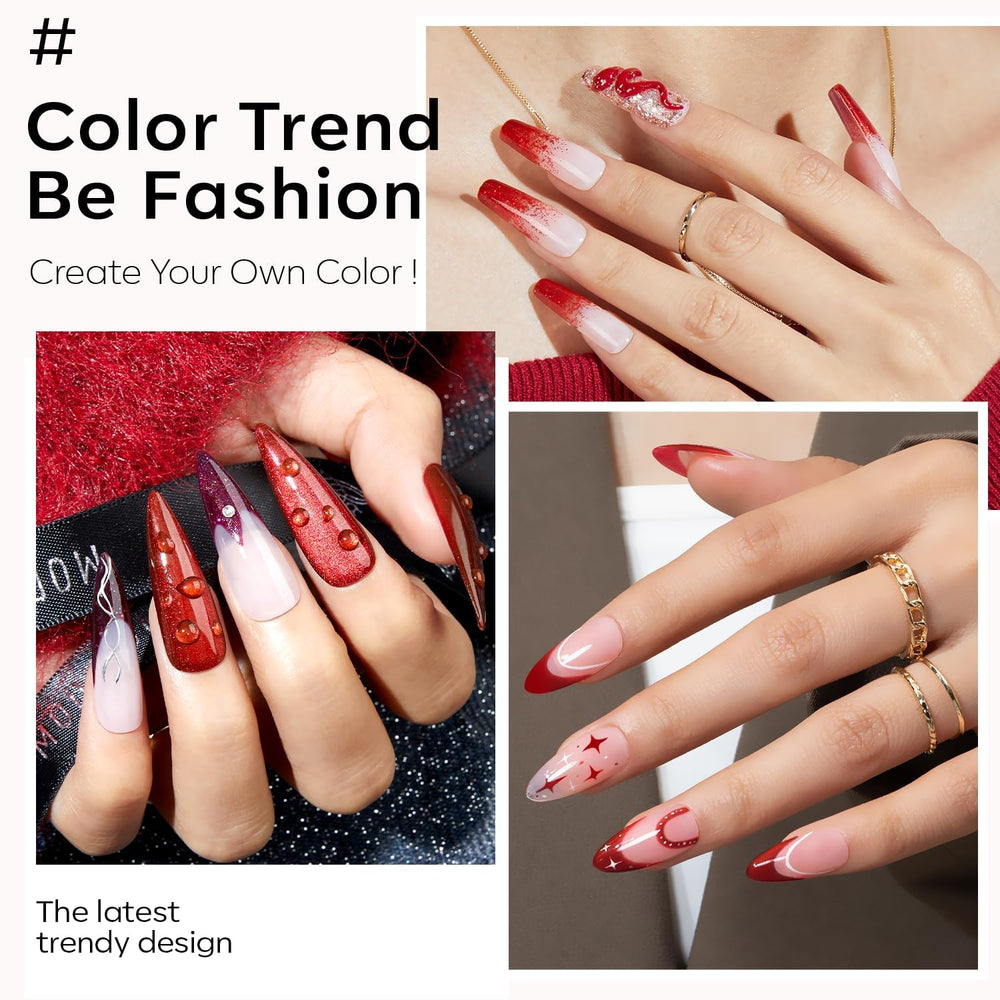 Esmalte gel rojo con purpurina para brillo festivo.