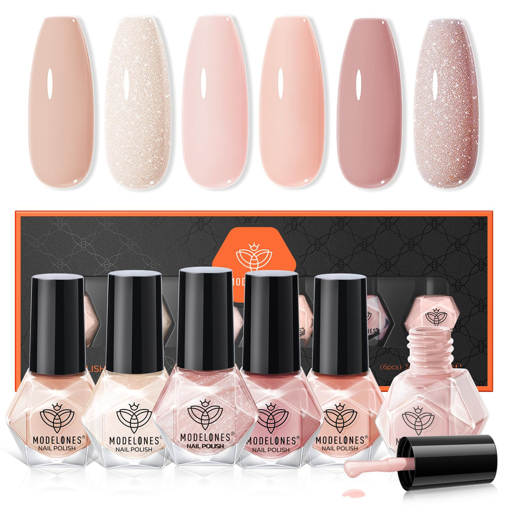 Modelones esmalte tonos piel, botella elegante para colección y manicura en casa.