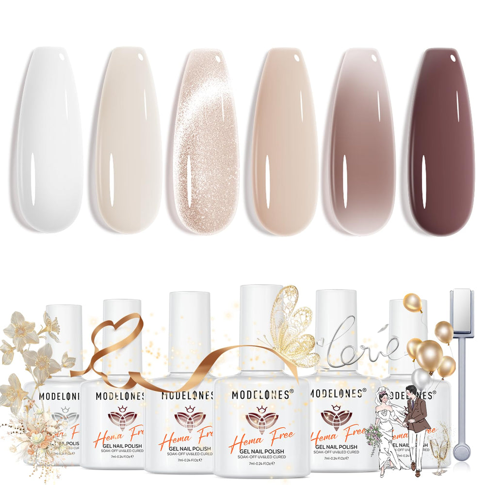 Modelones set de gel para uñas tono piel claro, acabado natural y pulido.