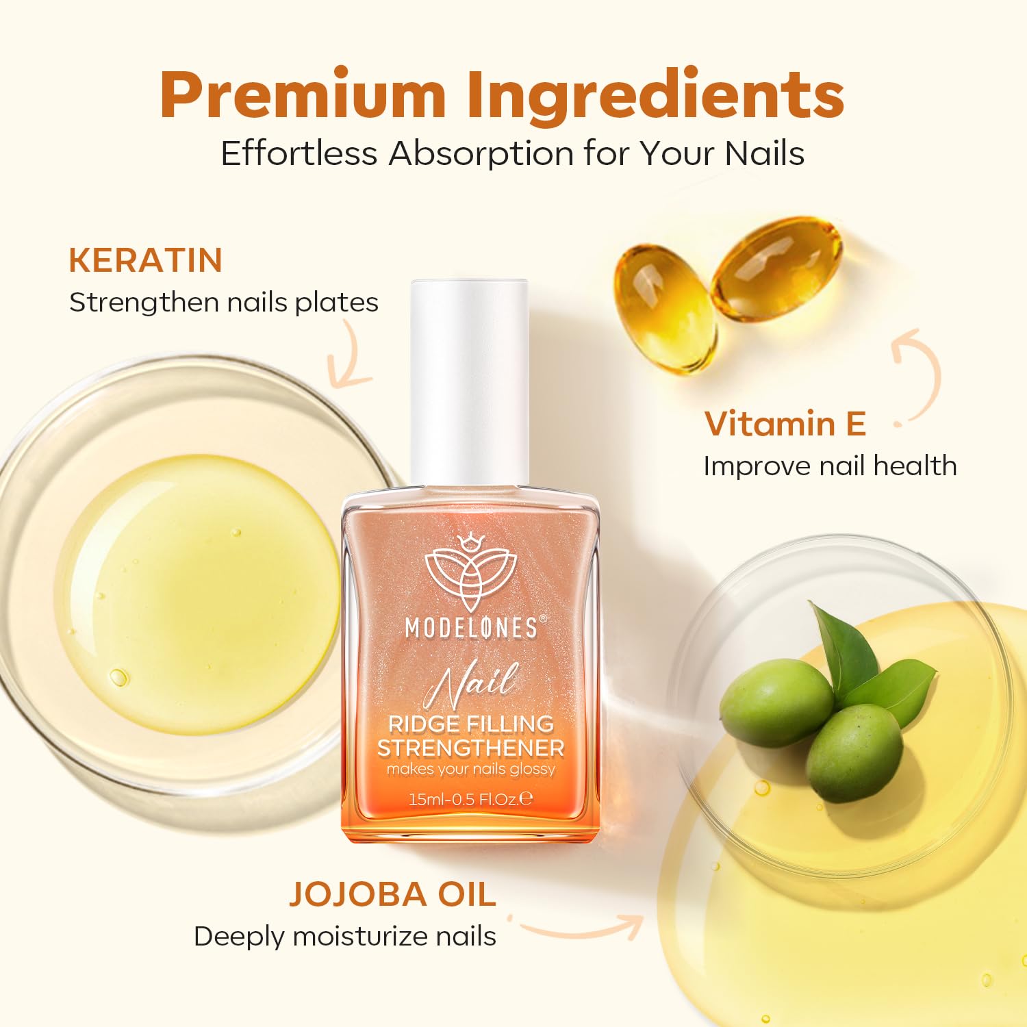 Modelones fórmula con keratina y jojoba para uñas nutridas.