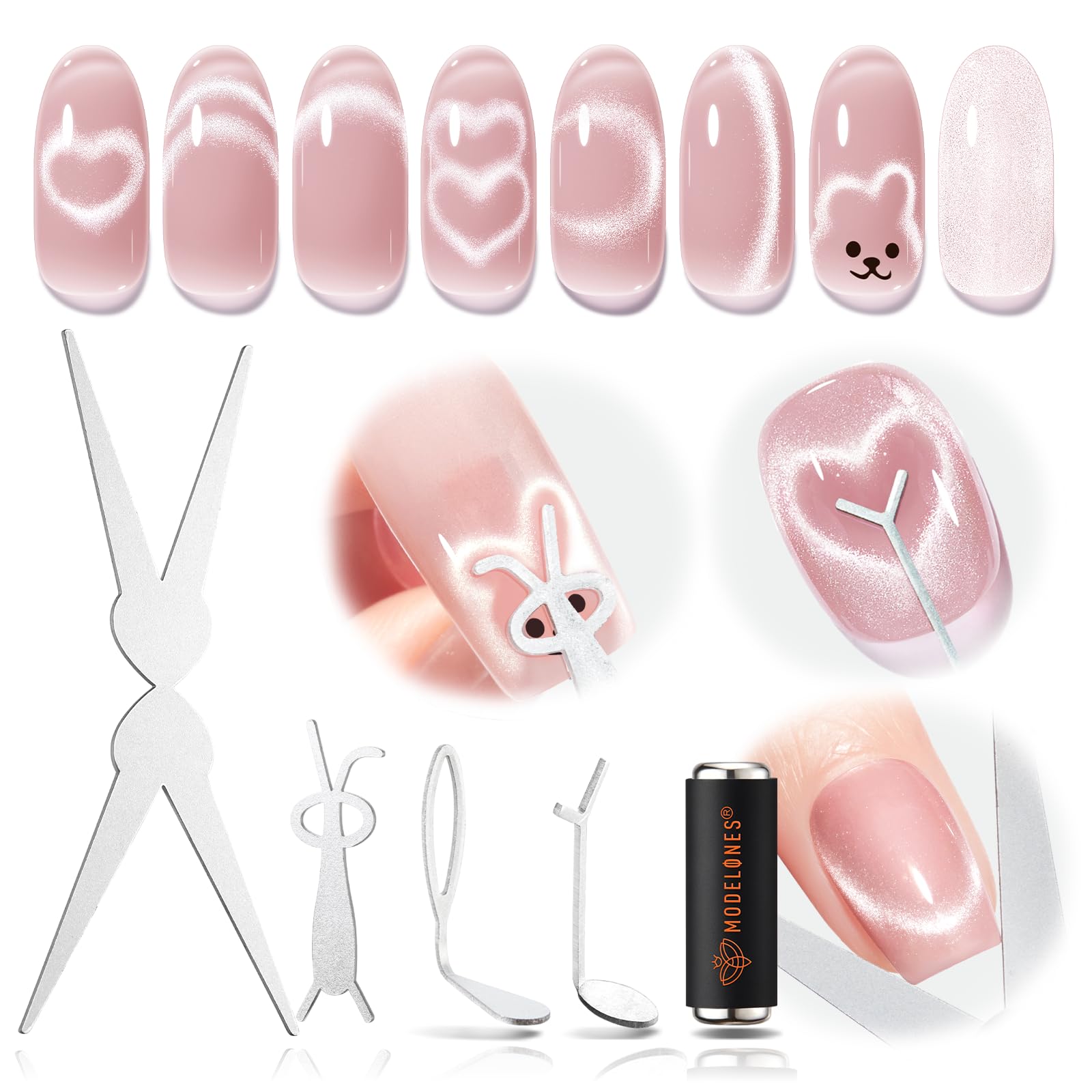 Modelones French Cat Eye Magnet Set demonstrates varied nail art possibilities with cat-eye effects