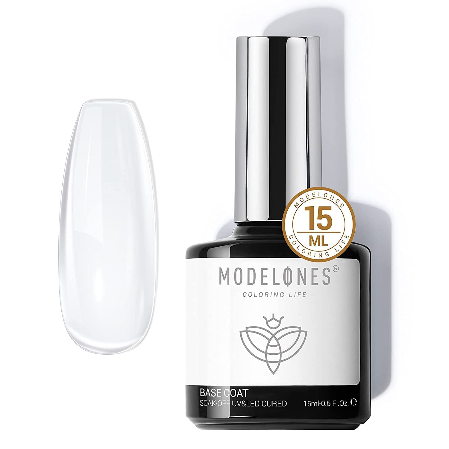 Modelones Gel Base Coat bottle with a clear base for strong adhesion.