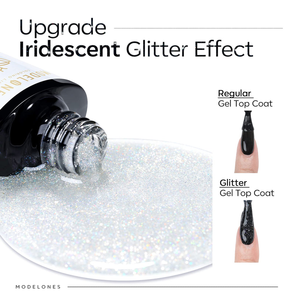 Modelones gel brillo iridiscente: realza color base con destellos brillantes.