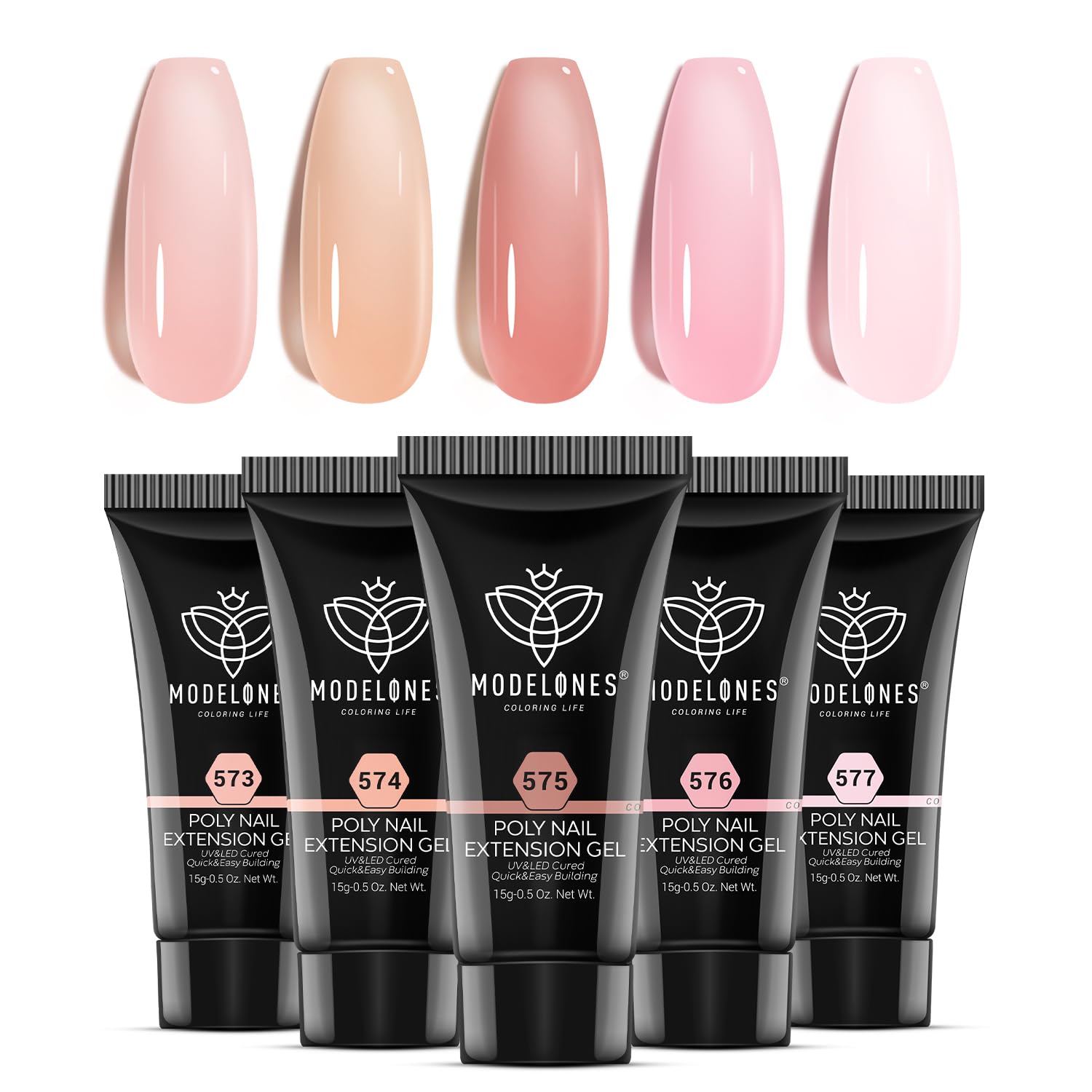 Modelones gel polimérico: cinco colores translúcidos en tubos para uñas duraderas
